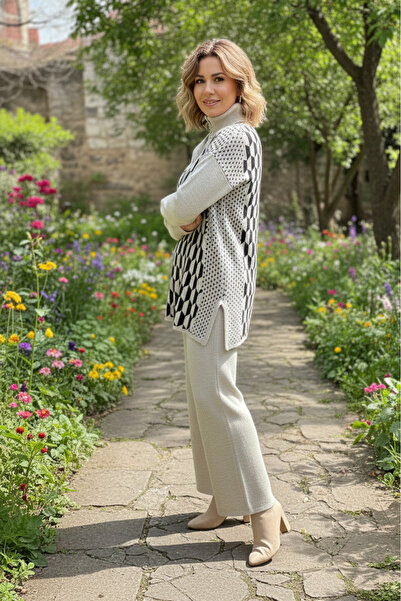 YusGos Women's Geometric Pattern Zipper Collar Bottom Top Pants Sweater Knitwear Set