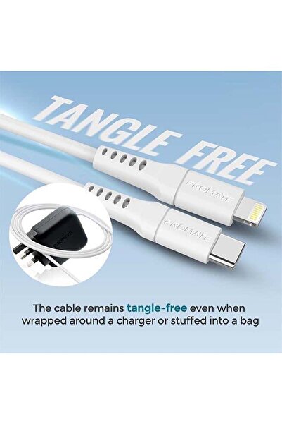 Promate 20W Power Delivery Ultra-Fast USB-C to Lightning Soft Silicone Cable - White, 2m