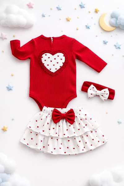 AKİ MODA KİDS Baby Girl Tiny Heart Detailed Skirted Bodysuit Bandana 3-Piece Baby Girl Set