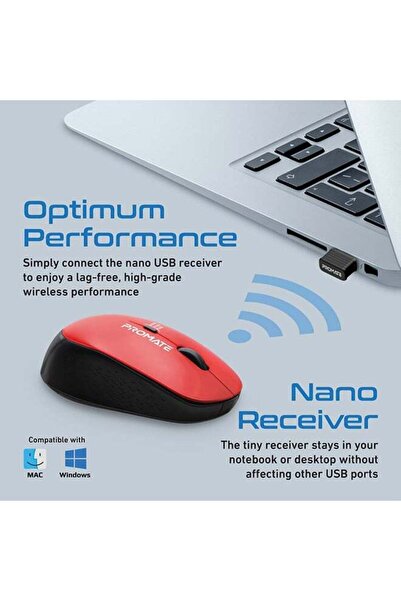 Promate Tracker 2.4G Wireless Mouse - Red, 800/1200/1600 DPI, Nano Receiver