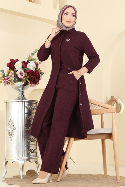 ModaMerve Gizli Düğmeli Balıksırtı Takım 24006UKB139-MS Bordo