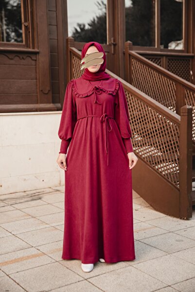 H HİJAB CENTER Burgundy Peter Pan collar Piece Dress Nsr 5106