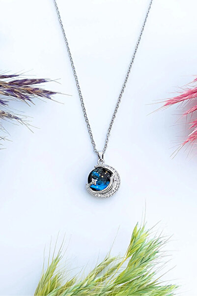 Si moda Gökyüzü Temalı Mavi Taşlı Ay Yıldız Gezegen Model Paslanmaz Çelik Güm...