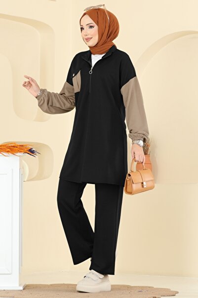 ModaMerve Göğüs Cepli İki İp Takım PL9180-MS Siyah