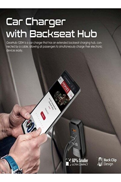 Promate GearHub-120W Car Charger – 120W Dual USB-C PD & USB-A, 1.5m Backseat Hub (Black)