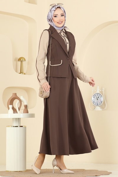 ModaMerve Yelekli Şık Dabıl Takım 2763SL432-MS Kahve