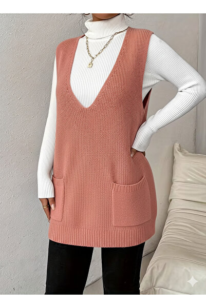 MaxiMor Women's Deep V-Neck Pocketed Knitwear Sweater Vest Pullover Loose Fit Smlxl Size Compatible Length 85 cm
