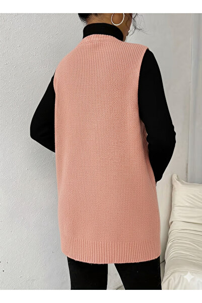 MaxiMor Women's Deep V-Neck Pocketed Knitwear Sweater Vest Pullover Loose Fit Smlxl Size Compatible Length 85 cm