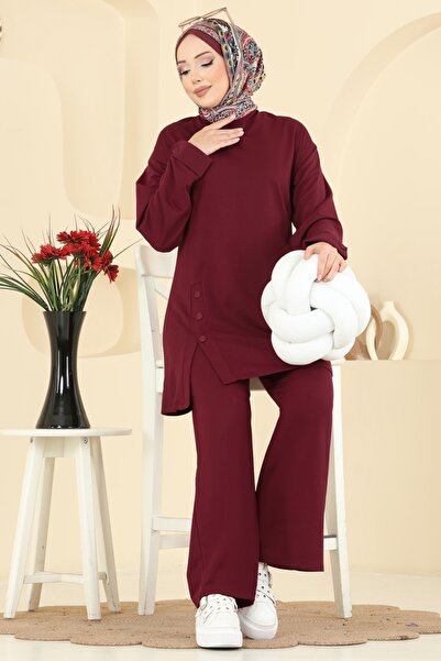 ModaMerve Yırtmacı Aksesuar Düğmeli Takım PL9181-MS Bordo