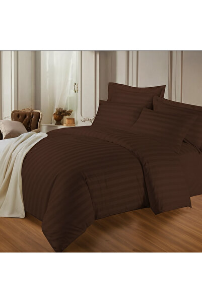WHITE DOVE HOME Double 6-piece duvet cover set, 100% cotton, brown striped color – duvet cover + fitted sheet + pillowcases – hotel quality