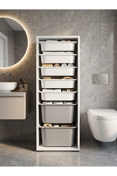 Pratico Zola 7 Sepetli Çok Amaçlı Banyo Dolabı Gri-Beyaz