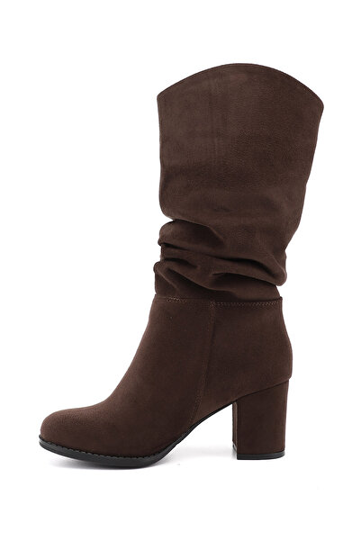 GÖNDERİ(R) Women's Dark Brown Suede Round Toe Bellows Thick Heeled Boots