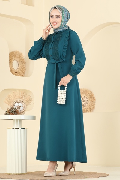 ModaMerve Dantel Detaylı Dabıl Elbise PL9184-MS Petrol