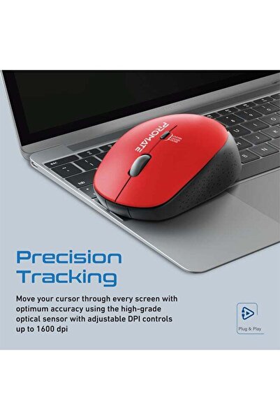 Promate Tracker 2.4G Wireless Mouse - Red, 800/1200/1600 DPI, Nano Receiver