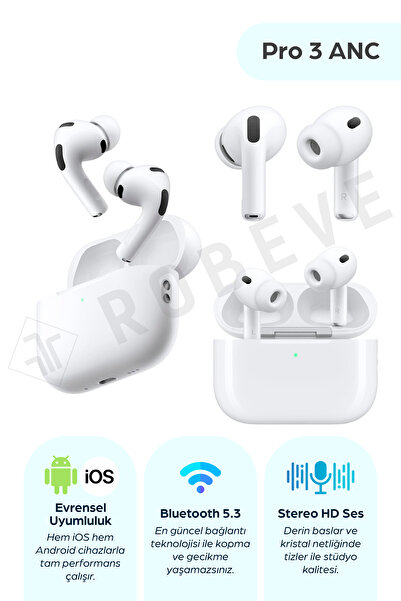ROBEVE Pro 3 ANC Kablosuz Bluetooth Kulaklık Aktif Gürültü Engelleme Dokunmatik IOS Android Uyumlu
