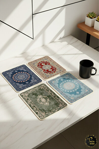 Talia Home Ethnic Authentic Patterned Multi-Purpose Mini Carpet Mousepad - Coaster - Teapot Coaster 4 Pcs