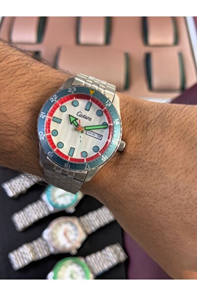 catera Limited-time offer: Men's watches with a silver steel strap, black and silver bezel, and a sky-blue frame.