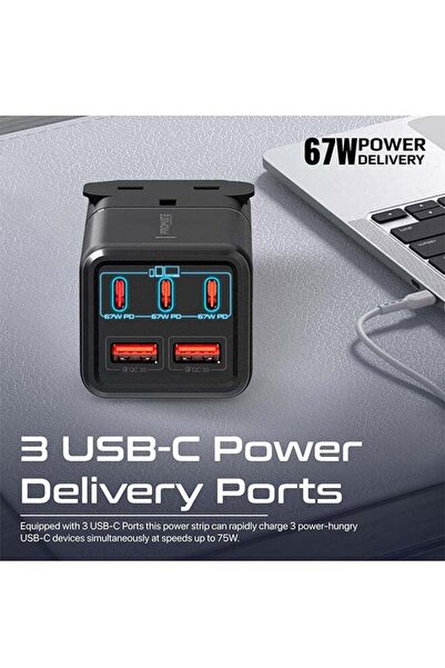 Promate 6-In-1 Multi-Port 75W GaNFast Power Extension With 3250W AC Socket Black