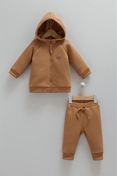 Caramell 100% Cotton 3-Thread Ribbed Hooded Baby Boy Set Winter Thick Set