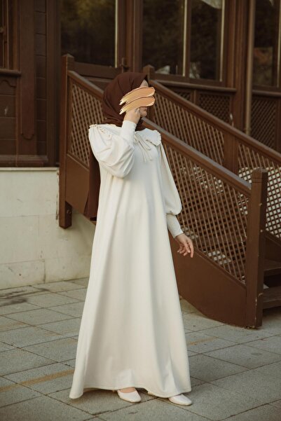 H HİJAB CENTER Ecru Peter Pan collar Piece Dress Nsr 5106