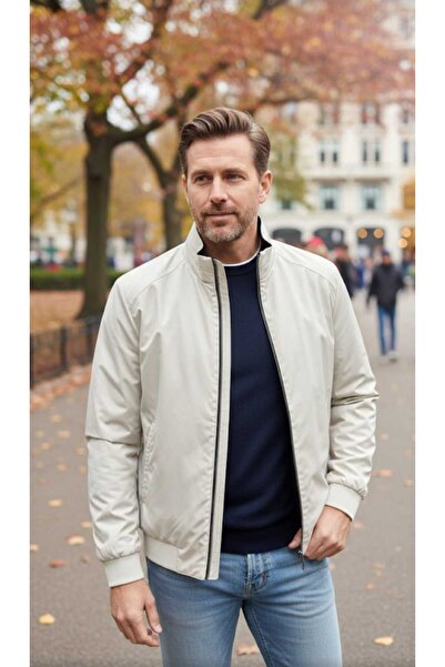 ANTİOCHEİA Seasonal Men's Coat with Double-Sided Zipper, Stand-Up Collar, Rib...