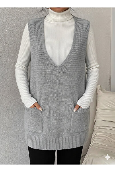 MaxiMor Women's Deep V-Neck Pocketed Knitwear Sweater Vest Pullover Loose Fit Smlxl Size Compatible Length 85 cm