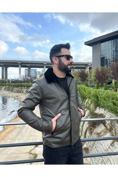 VİP LOKAL Haki Çift Cepli Kürk Yakalı Deri Mont