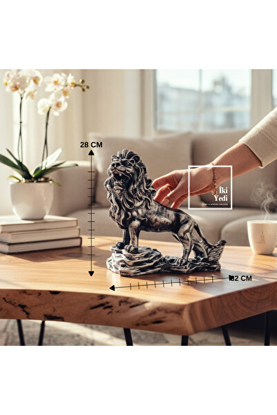 İki Yedi Konsept Suarez Gri Aslan Heykeli 28 cm Dekoratif Aslan Biblo, Lüks E...