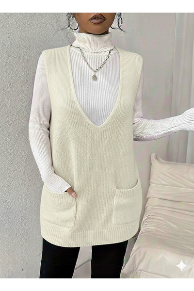 MaxiMor Women's Deep V-Neck Pocketed Knitwear Sweater Vest Pullover Loose Fit Smlxl Size Compatible Length 85 cm