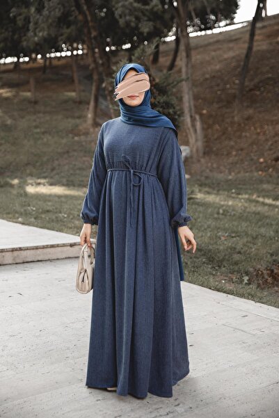 H HİJAB CENTER فستان روبالا قصة فضفاضة باللون الأزرق الداكن Nsr 5110