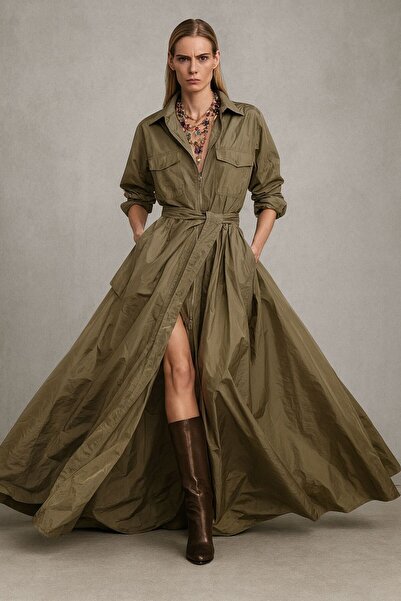 ALYEL NAKER فستان قميص ماكسي من التفتا بتصميم خاص على الطراز العملي