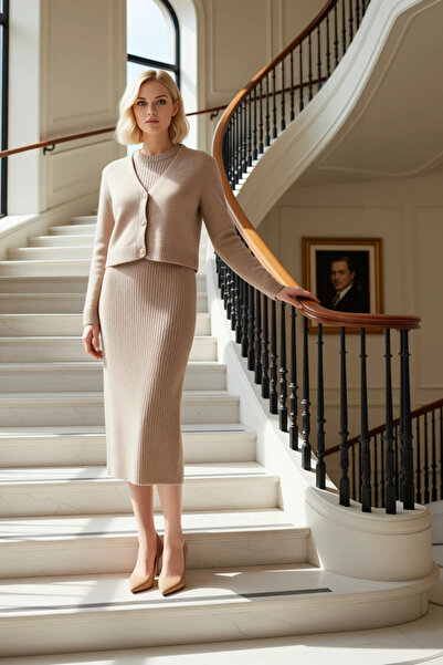 BENERLY Women's Bottom Top Corded Fabric Textured Long Knitwear Dress and Sho...