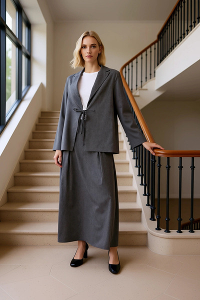 BENERLY سترة نسائية بتفاصيل ربط علوية وسفلية وتنورة طويلة، طقم مكون من قطعتين...