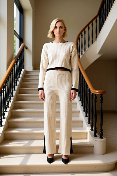 BENERLY طقم نسائي مكون من بلوزة محبوكة بأكمام طويلة وياقة قارب وبنطلون واسع ا...