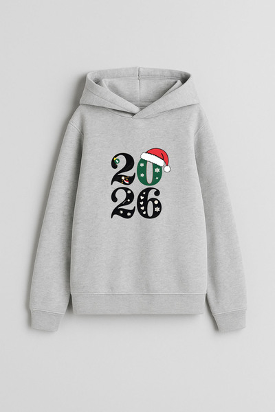 MODA 2026 New Year Santa Claus Christmas Printed Gray Hooded Sweatshirt