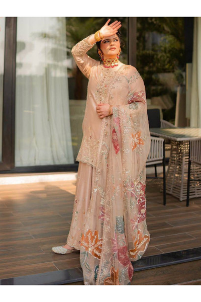 MYSMAR Beige Chinon Kameez Salwar & Dupatta - HRT4889 | Beige
