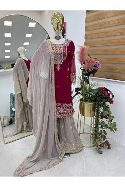 MYSMAR Maroon Faux Georgette Sequence Top Pant & Dupatta - RYC3007 | Maroon