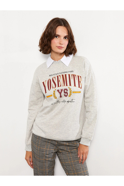 LC Waikiki Γυναικείο χοντρό φούτερ LCW Vision Grey Crew Neck με τύπωμα