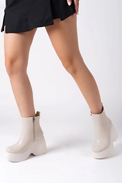 asmi shoes Women's Celsi Cream Skin Side Zipper 9 cm High Wedge Heeled Seasonal Women's Short Boots Bootie