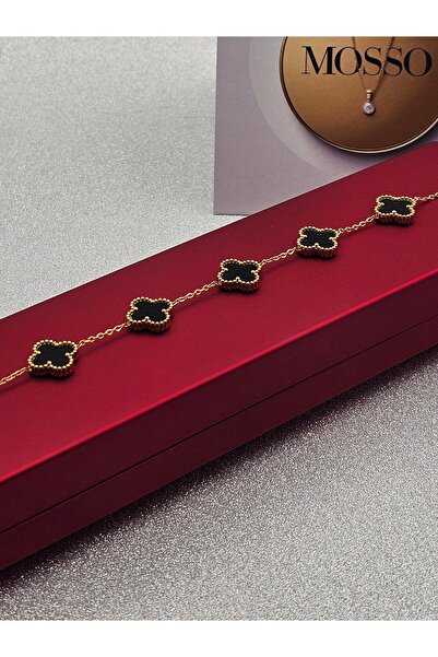 Genel Markalar Yonca Model Siyah Çelik Bileklik Van Cleef Altın Renk
