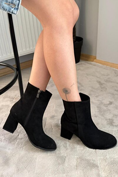 asmi shoes Kadın Marta Siyah Süet 6 cm Kalın Topuklu Yumurta Burun Fermuarlı Bot