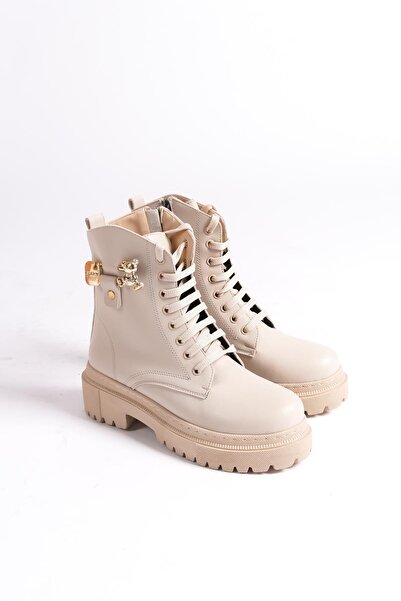 asmi shoes Γυναικείες καθημερινές κοντές μπότες Eva Cream με κορδόνια με φερμουάρ αρκουδάκι με παχιά σόλα