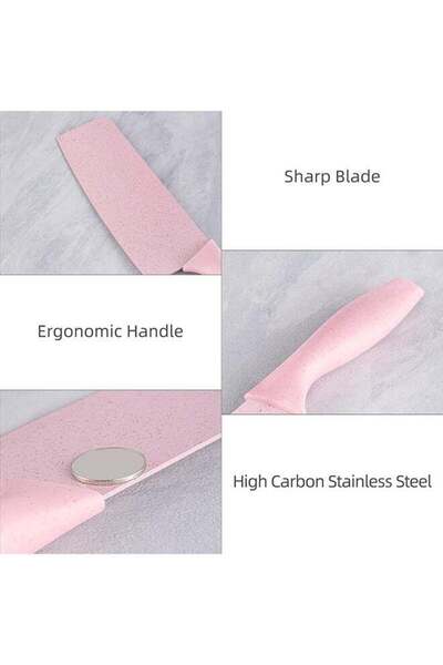 BLOOMING TIME 7-Piece Wheat Straw Kitchen Knife Set, Various Styles To Meet Various Needs, Pink