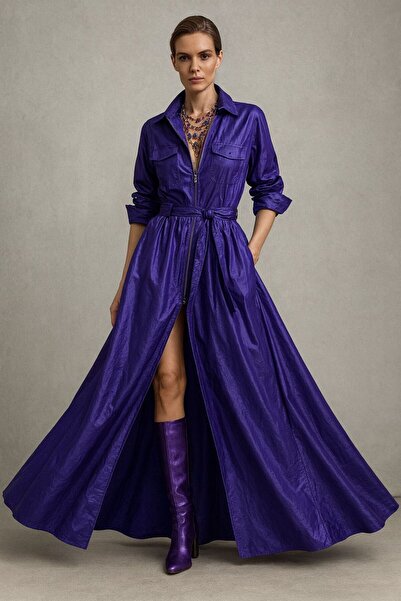 ALYEL NAKER Utility Stili Özel Tasarım Tafta Maxi Gömlek Elbise