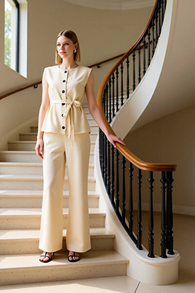 BENERLY Women's Linen-Look Vest with Belt Detail and Wide-Leg Pants Two-Piece...