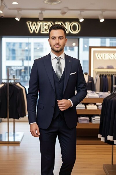 WENNO Vest Set Italian Cut Suit Navy Blue