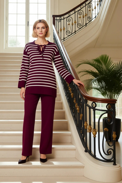 BENERLY Set de tricotaje pentru femei, cu dungi, cu detaliu din dantelă, top ...