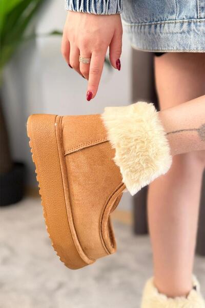 asmi shoes Kadın İmpera Taba Süet Kürklü Fermuarlı 4 cm Kalın Tabanlı Kısa Bot