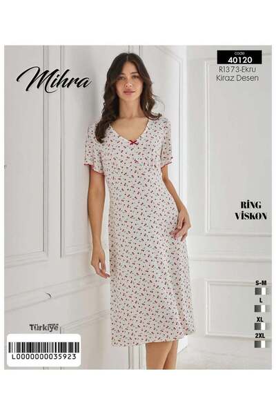 Mihra Kiraz Desenli Viskon Kumaş Kadın Gecelik
