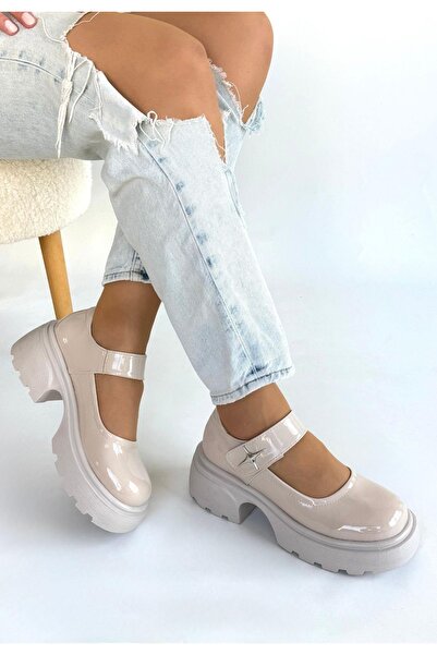 Erbilden Siyat Beige Patent Leather Wedge Heel Oxford Shoes